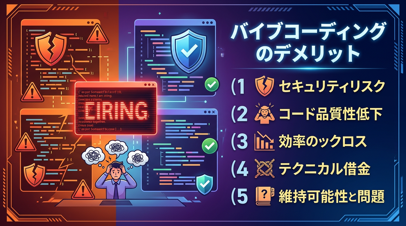 バイブコーディングのデメリット5選！深刻なセキュリティリスクと効率低下を防ぐ対策